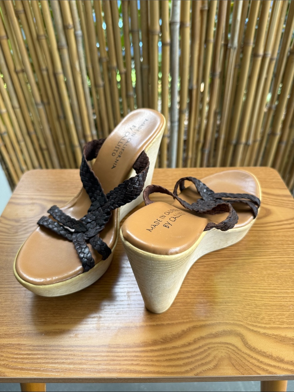 Callisto Brown Braided-Strap Platform Wedge Sandals